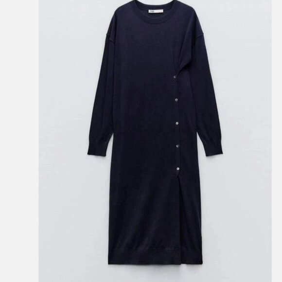 NWT Zara Fine Wool Blend Lightweight Midi Dress  Navy Long Sleeve  Lagenlook M - Picture 7 of 13